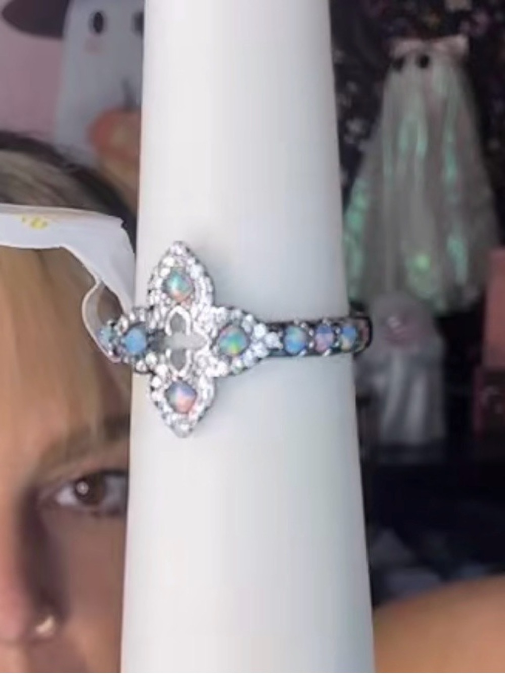 Opal Accent Sterling-Color Ring - Iridescent Blue Pink